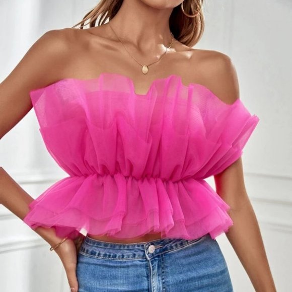 Ruffle Trim Strapless Crop Mesh Tube Top Hot pink - Picture 4 of 6